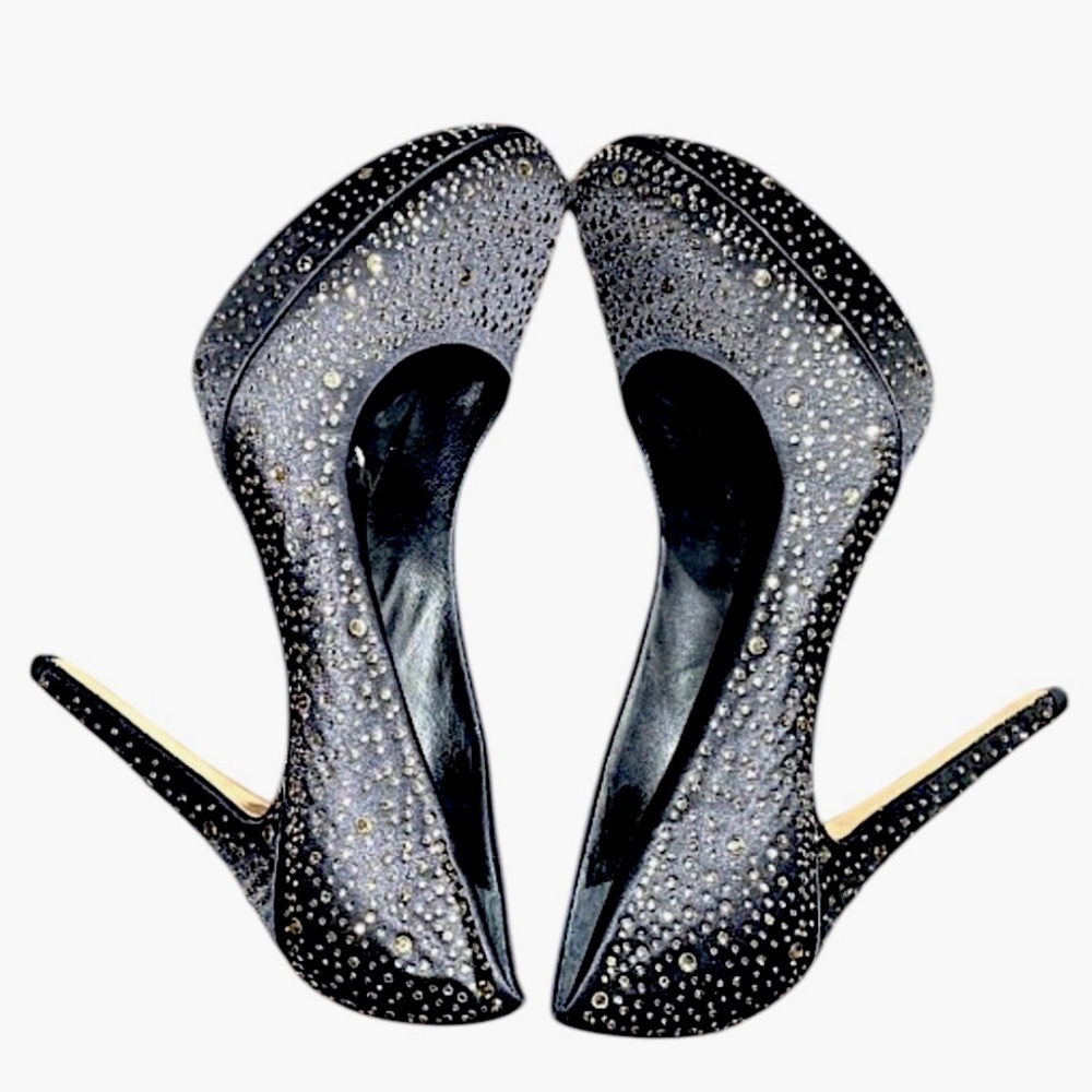 BCBG Black Satin and Pale Gold Studded Platform Heels Shoes Size 10
